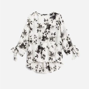 WEST KEI, Allan Surplice Tie Sleeve High Low Blouse, XL Black/White, faux wrap